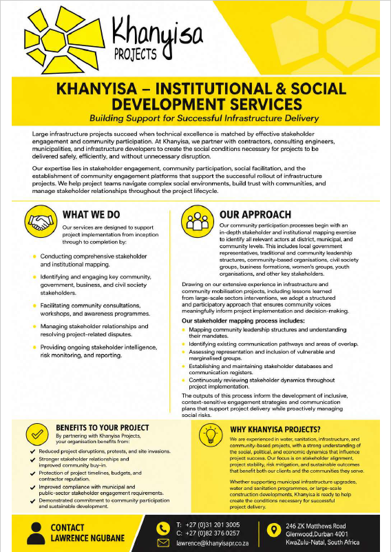 Khanyisa Projects provides specialist community interface services which are designed to suit specific interventions of private and public organisations.